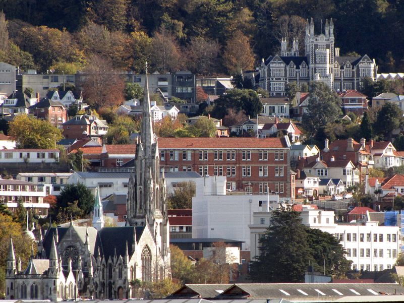 Dunedin city foreground first church background Otago boys high school